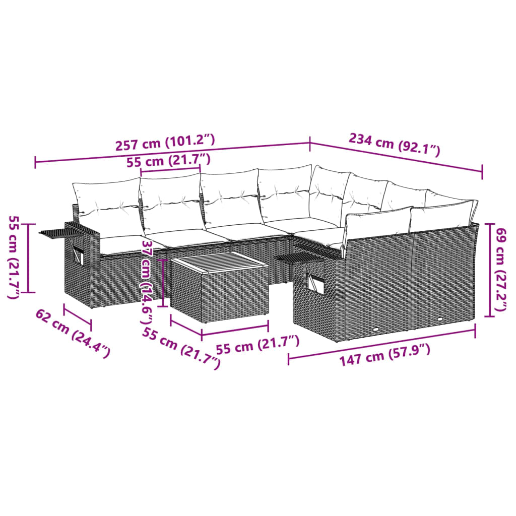 Set Divano da Giardino 9 pz con Cuscini Grigio in Polyrattan | homemem39