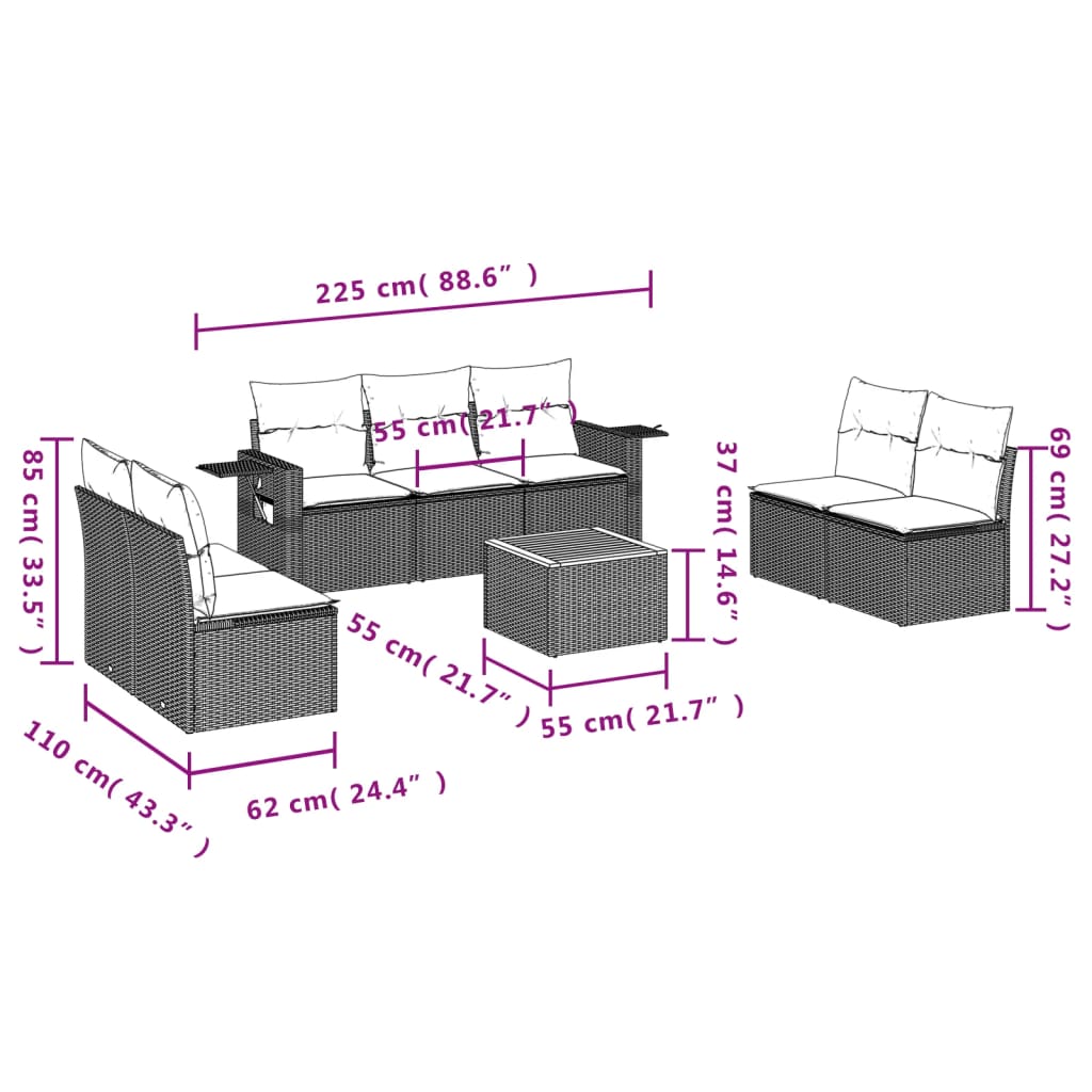 Set Divano da Giardino 8 pz con Cuscini Grigio in Polyrattan | homemem39