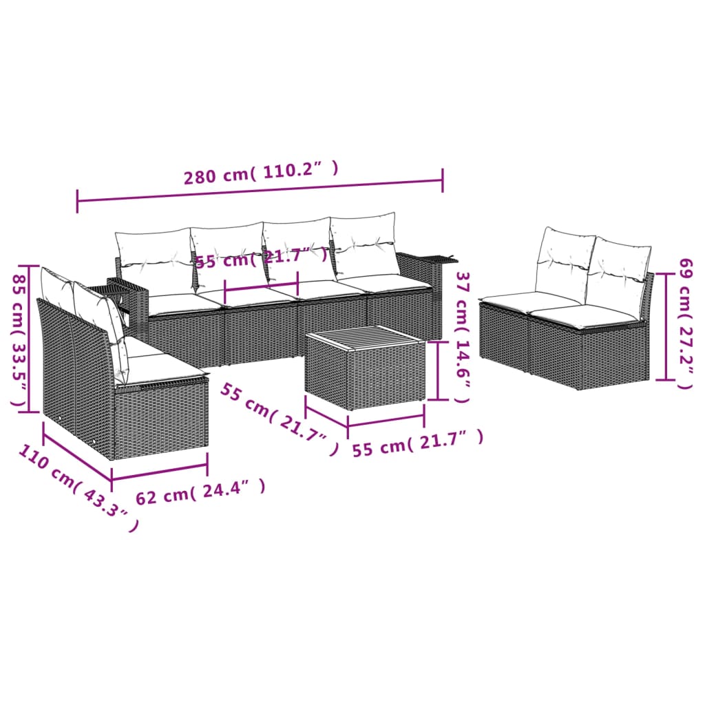 Set Divano da Giardino 9 pz con Cuscini Grigio in Polyrattan | homemem39