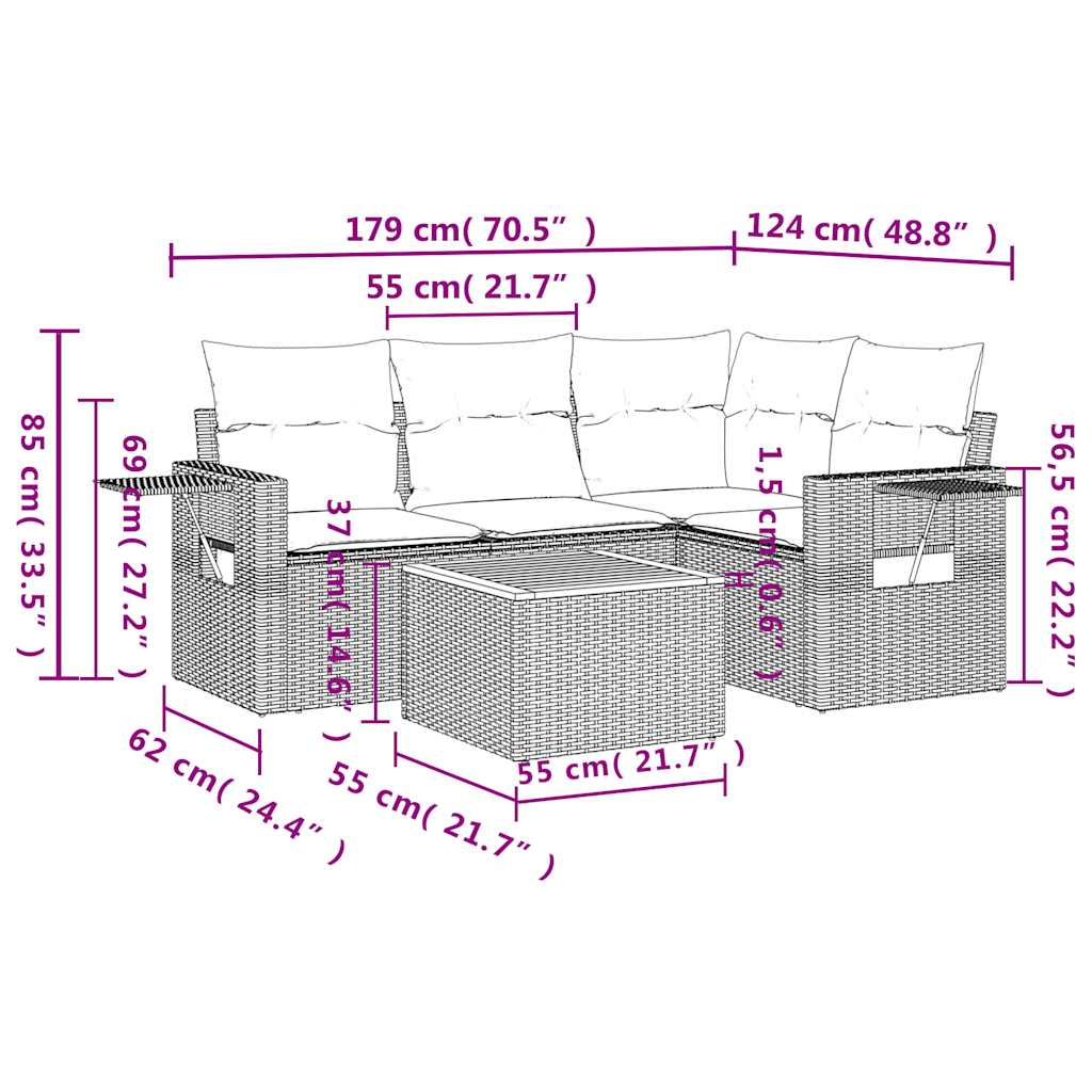 Set Divani da Giardino 5 pz con Cuscini Grigio in Polyrattan | homemem39