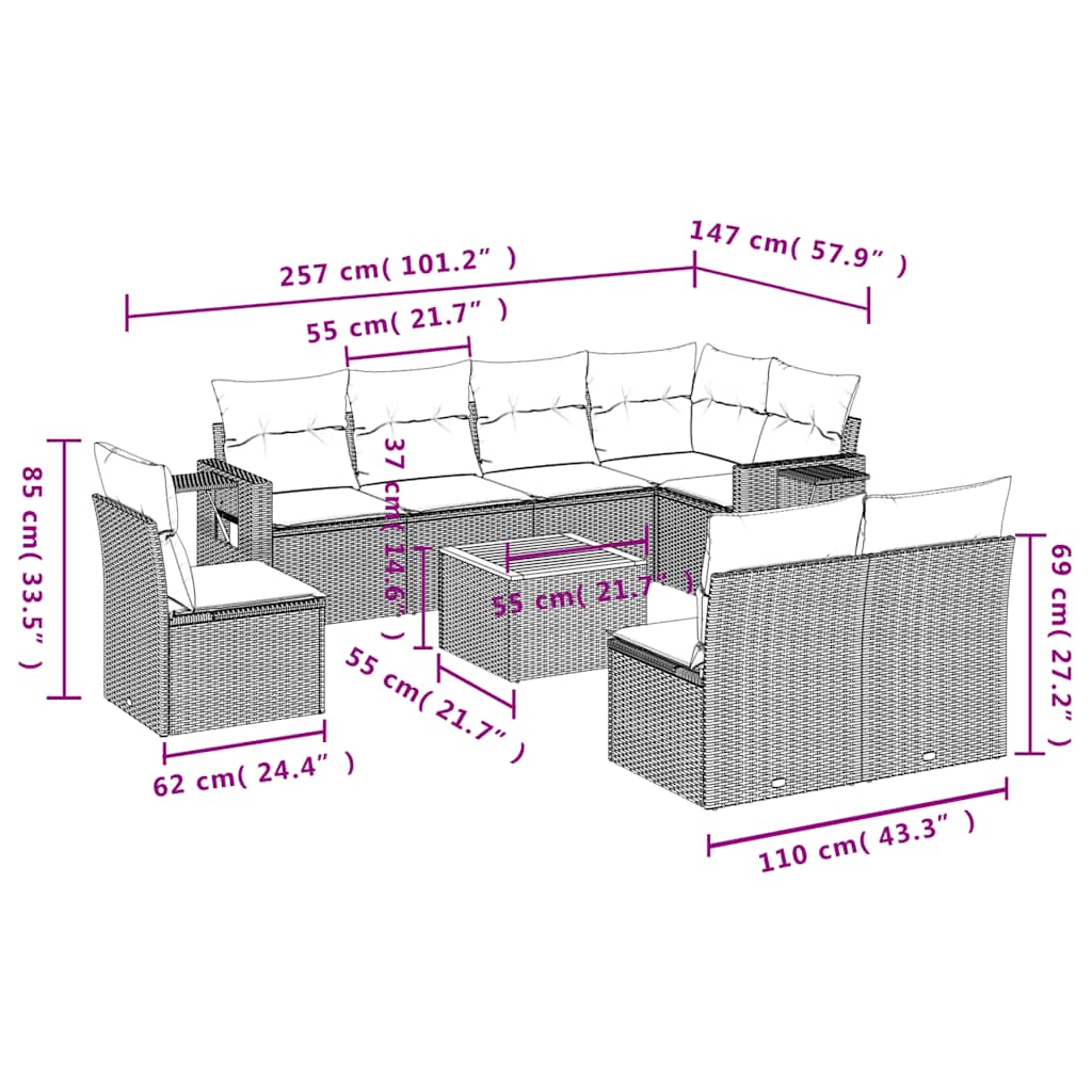 Set Divani da Giardino 9 pz con Cuscini Nero in Polyrattan | homemem39