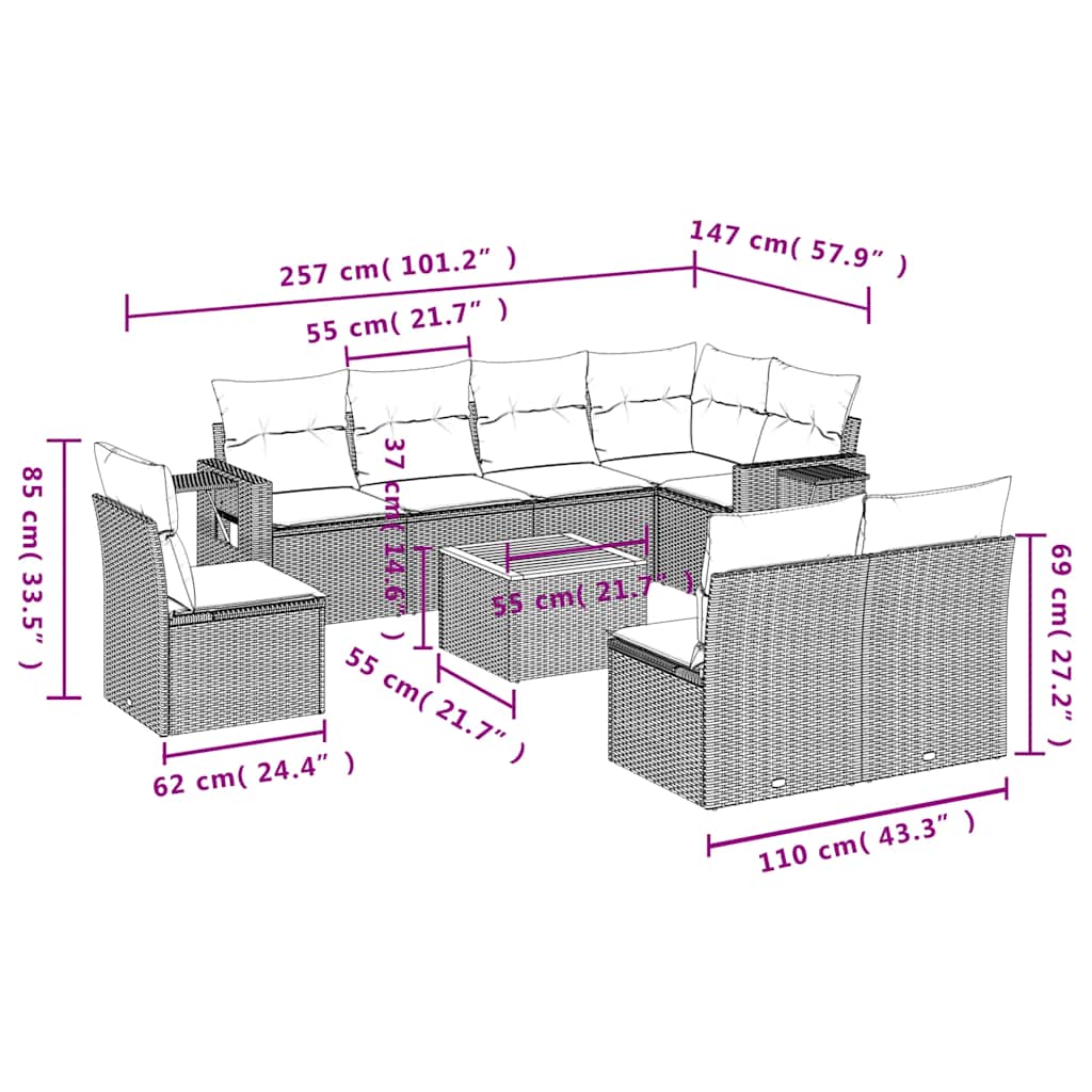 Set Divani da Giardino 9 pz con Cuscini Grigio in Polyrattan | homemem39
