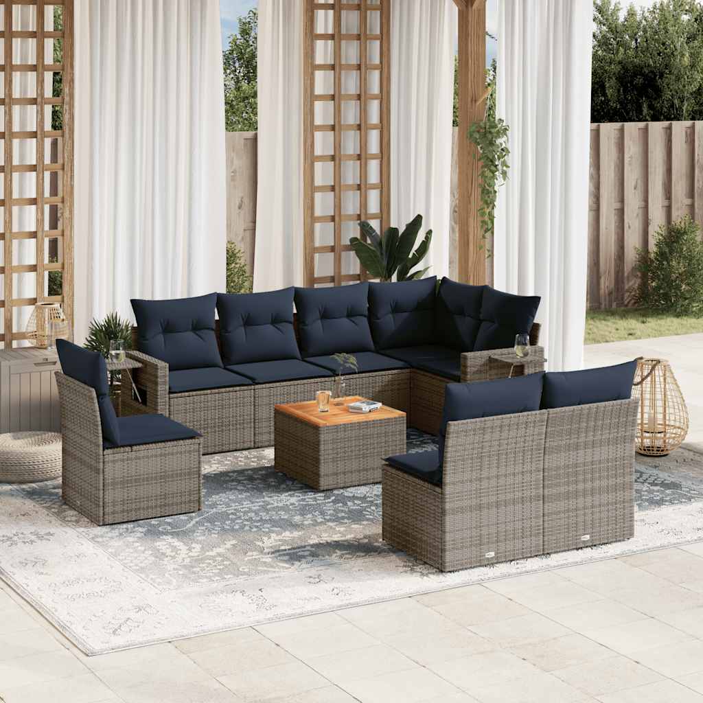 Set Divani da Giardino 9 pz con Cuscini Grigio in Polyrattan | homemem39