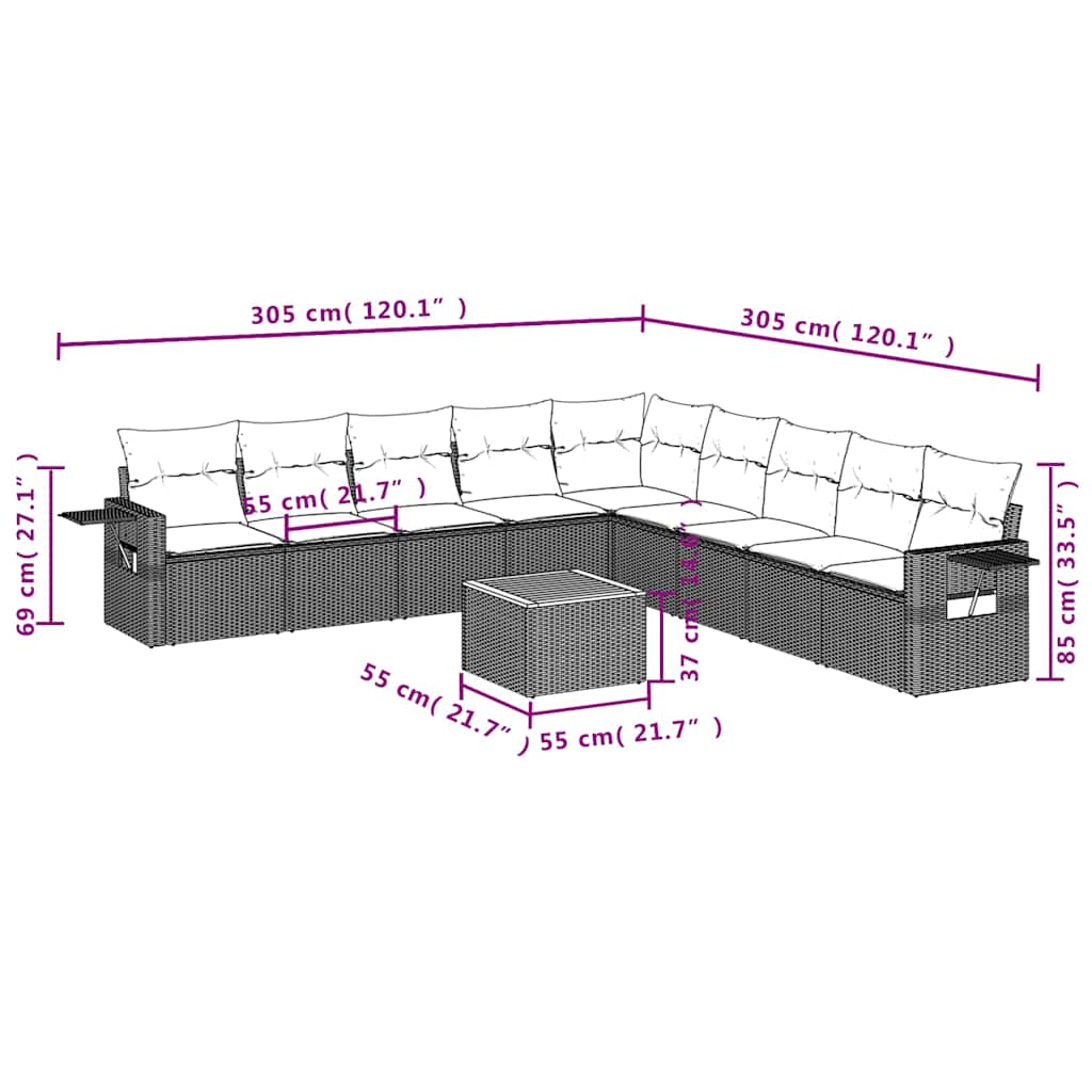 Set Divani da Giardino 10 pz con Cuscini Nero in Polyrattan | homemem39