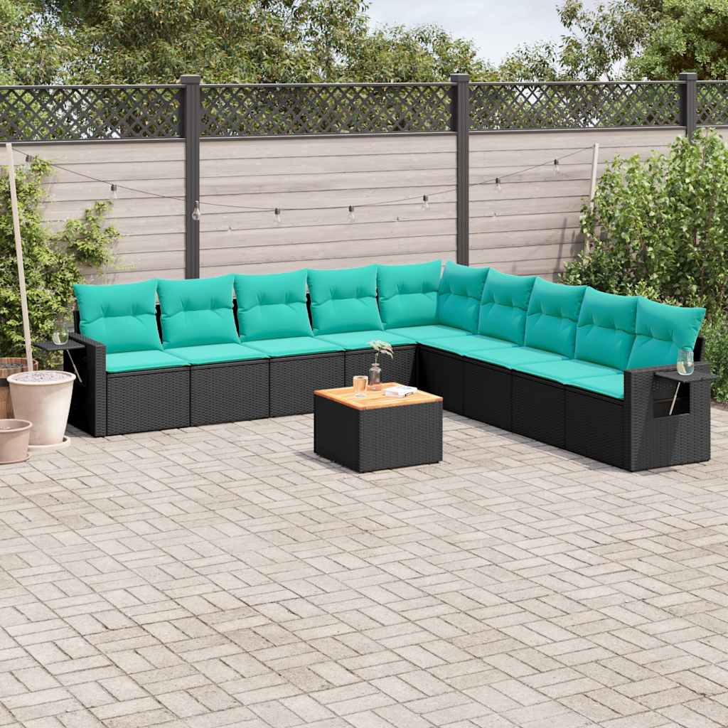 Set Divani da Giardino 10 pz con Cuscini Nero in Polyrattan