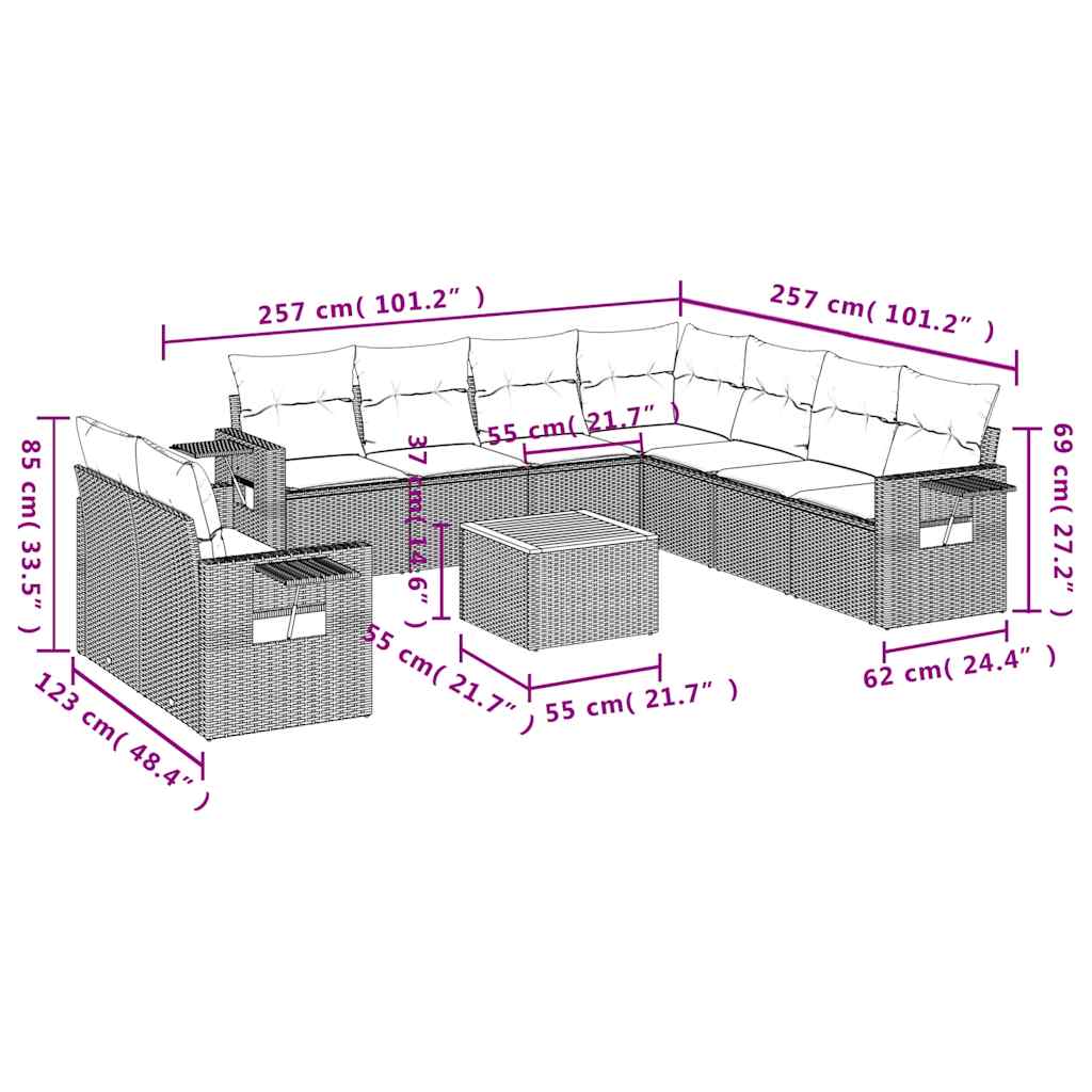 Set Divani da Giardino 10 pz con Cuscini Grigio in Polyrattan | homemem39