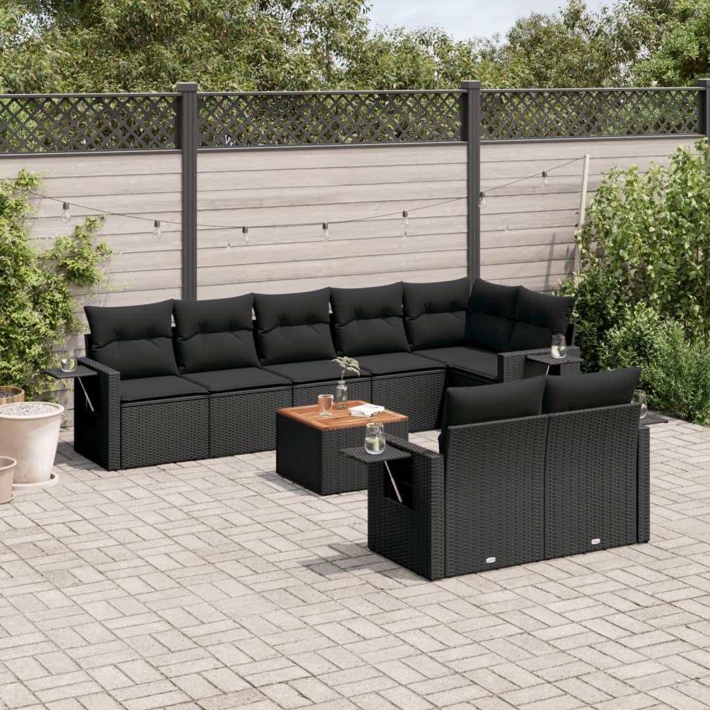 Set Divani da Giardino 9 pz con Cuscini Nero in Polyrattan