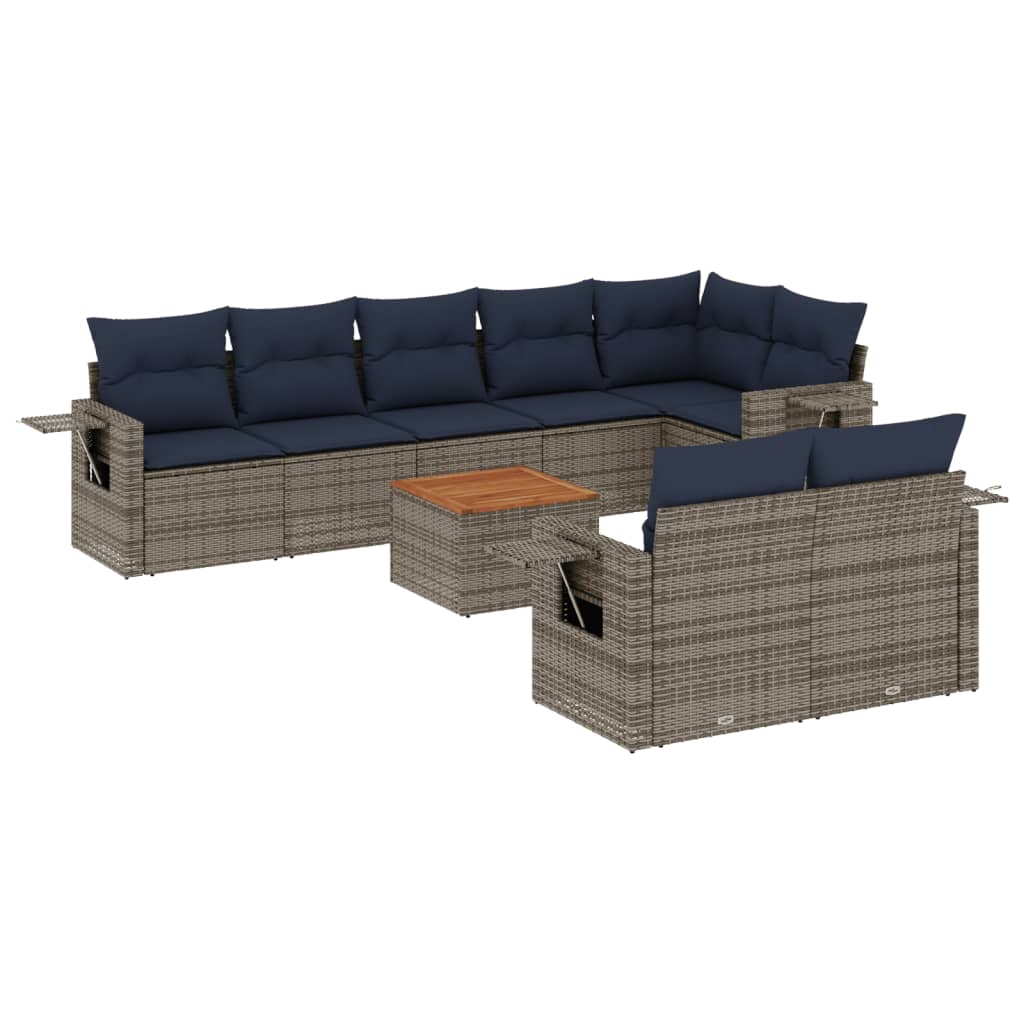 Set Divani da Giardino 9 pz con Cuscini Grigio in Polyrattan | homemem39