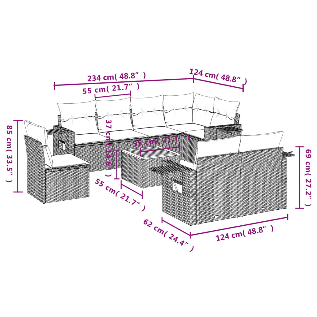 Set Divano da Giardino 9 pz con Cuscini Grigio in Polyrattan | homemem39
