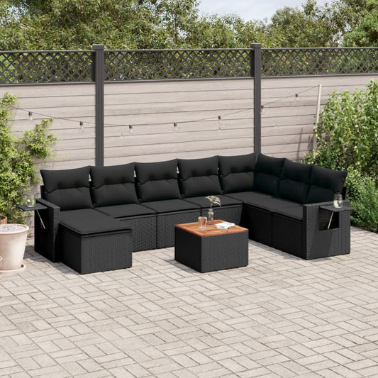 Set Divani da Giardino 9 pz con Cuscini Nero in Polyrattan | homemem39