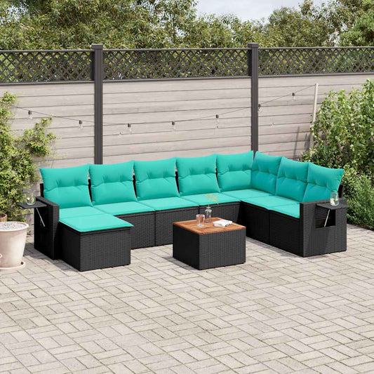 Set Divani da Giardino 9 pz con Cuscini Nero in Polyrattan | homemem39