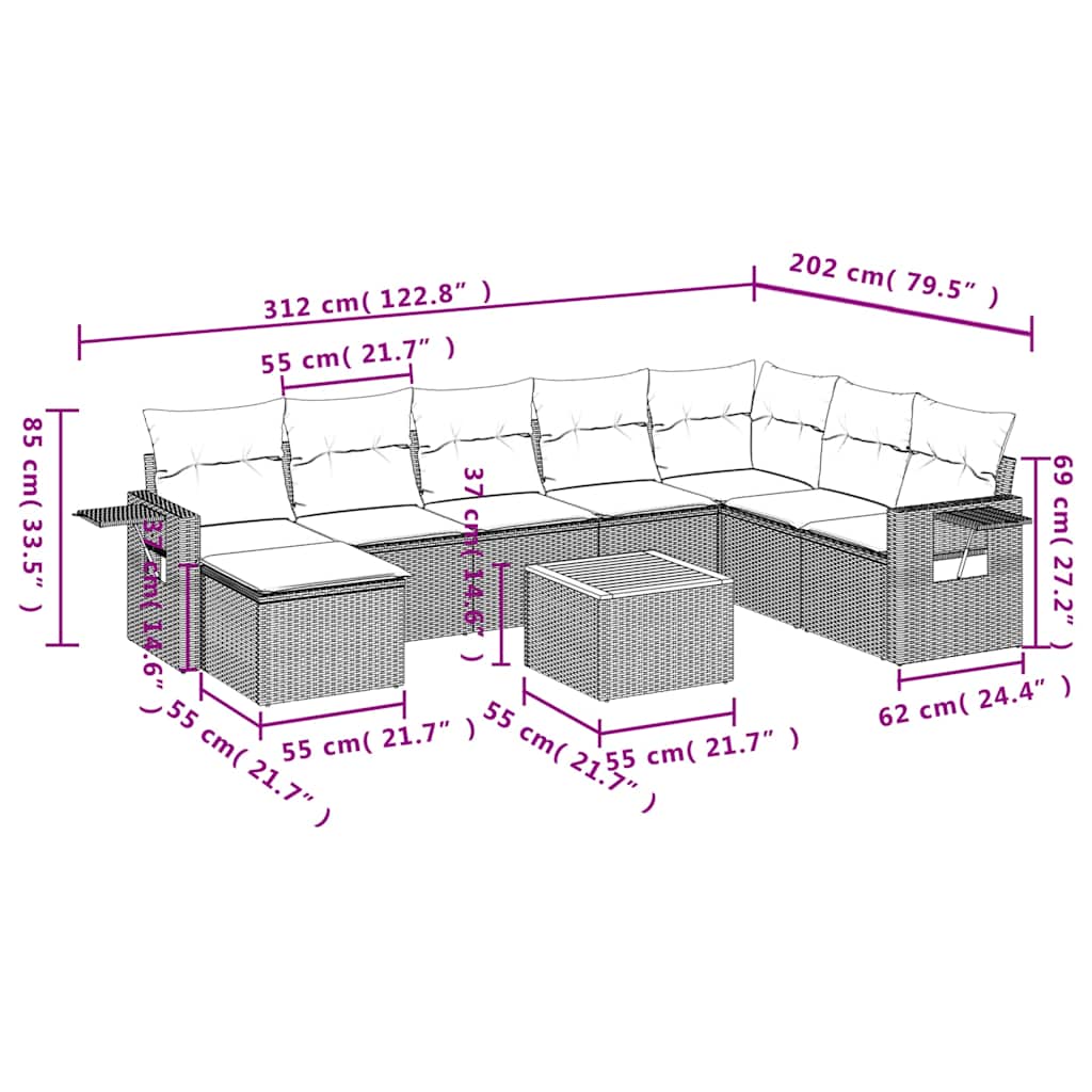 Set Divani da Giardino 9 pz con Cuscini Grigio in Polyrattan | homemem39