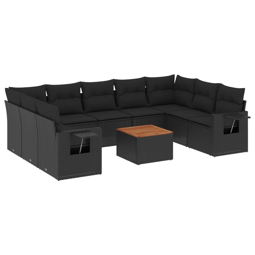 Set Divani da Giardino 10pz con Cuscini in Polyrattan Nero