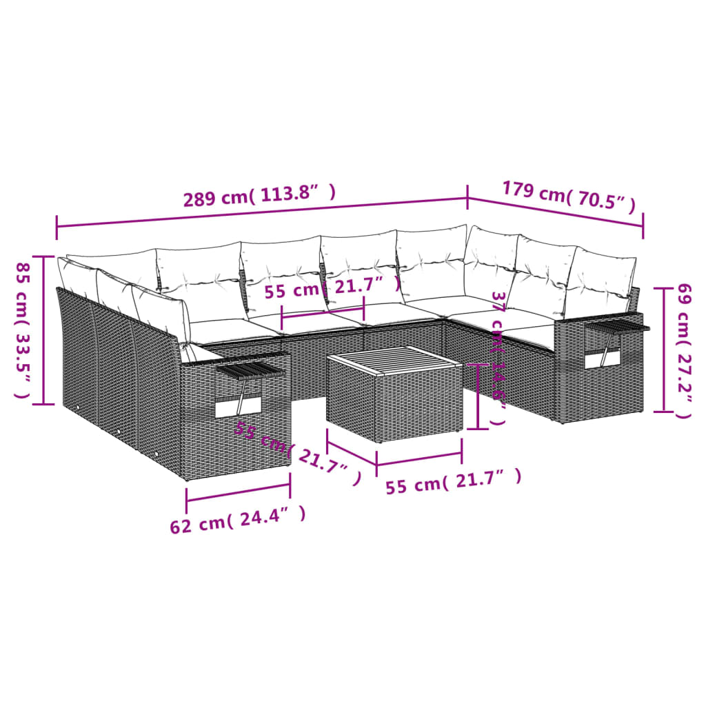 Set Divani da Giardino 10 pz con Cuscini Grigio in Polyrattan | homemem39