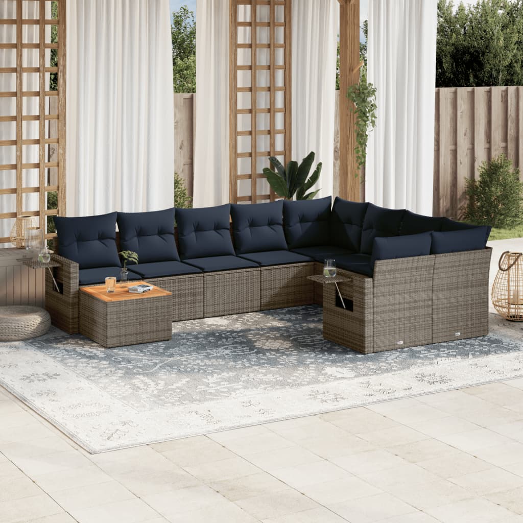 Set Divani da Giardino 10 pz con Cuscini Grigio in Polyrattan | homemem39