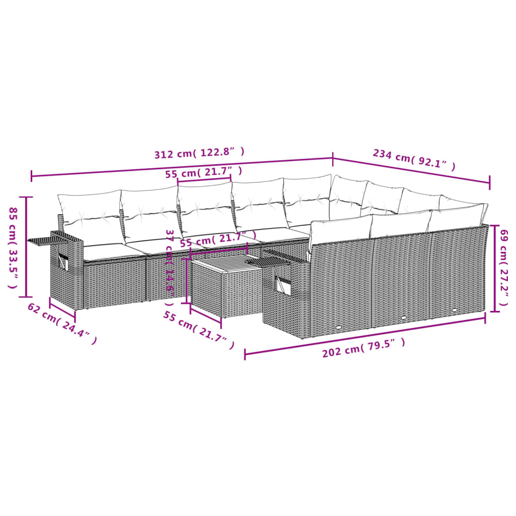 Set Divani da Giardino 11 pz con Cuscini Grigio in Polyrattan | homemem39
