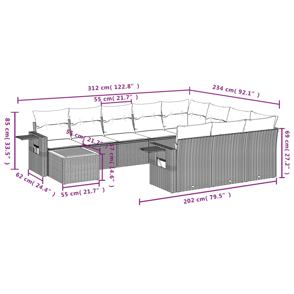 Set Divani da Giardino 11 pz con Cuscini Nero in Polyrattan | homemem39