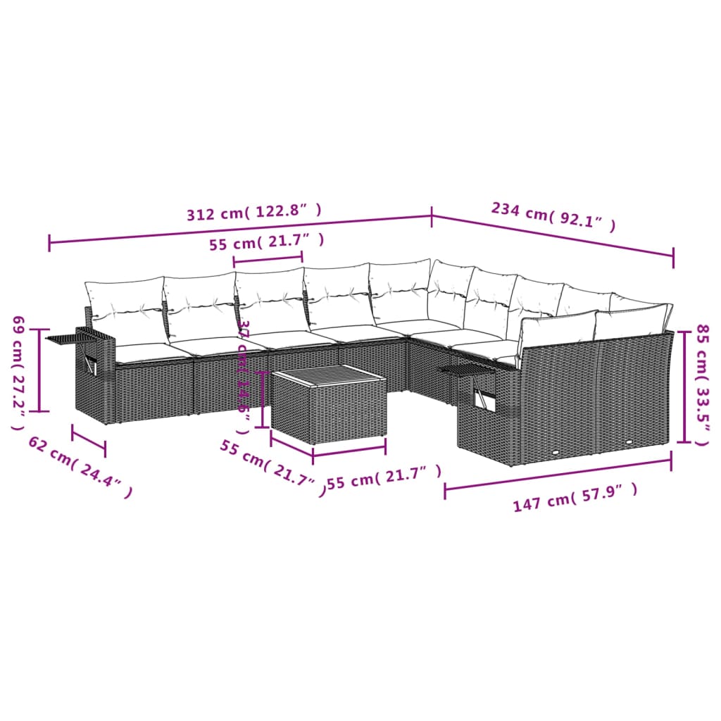 Set Divani da Giardino 11 pz con Cuscini Nero in Polyrattan | homemem39