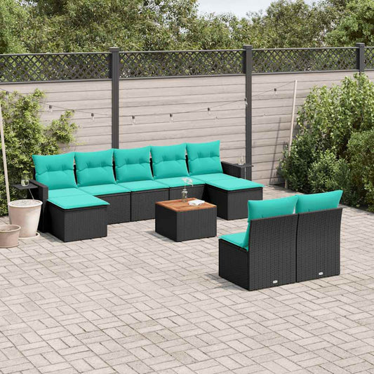Set Divani da Giardino 10 pz con Cuscini Nero in Polyrattan | homemem39