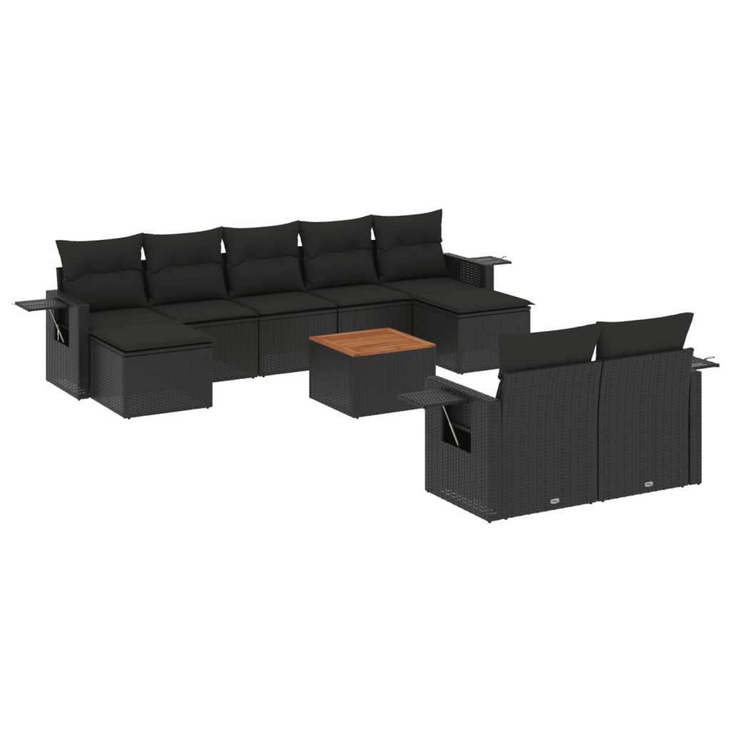 Set Divani da Giardino 10pz con Cuscini in Polyrattan Nero