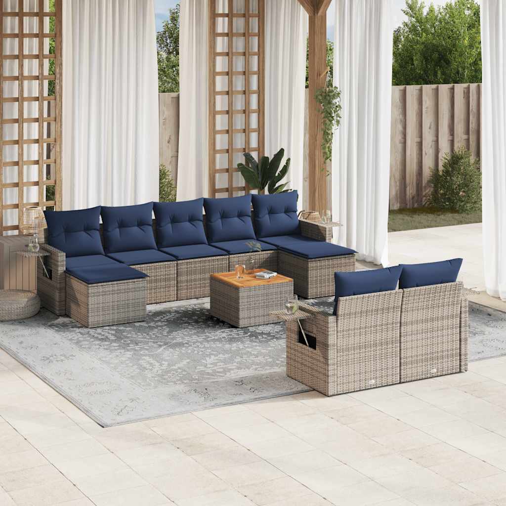 Set Divani da Giardino 10 pz con Cuscini Grigio in Polyrattan