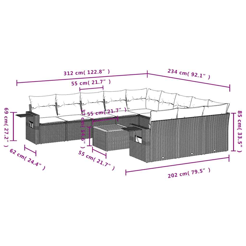 Set Divani da Giardino 12 pz con Cuscini Nero in Polyrattan | homemem39