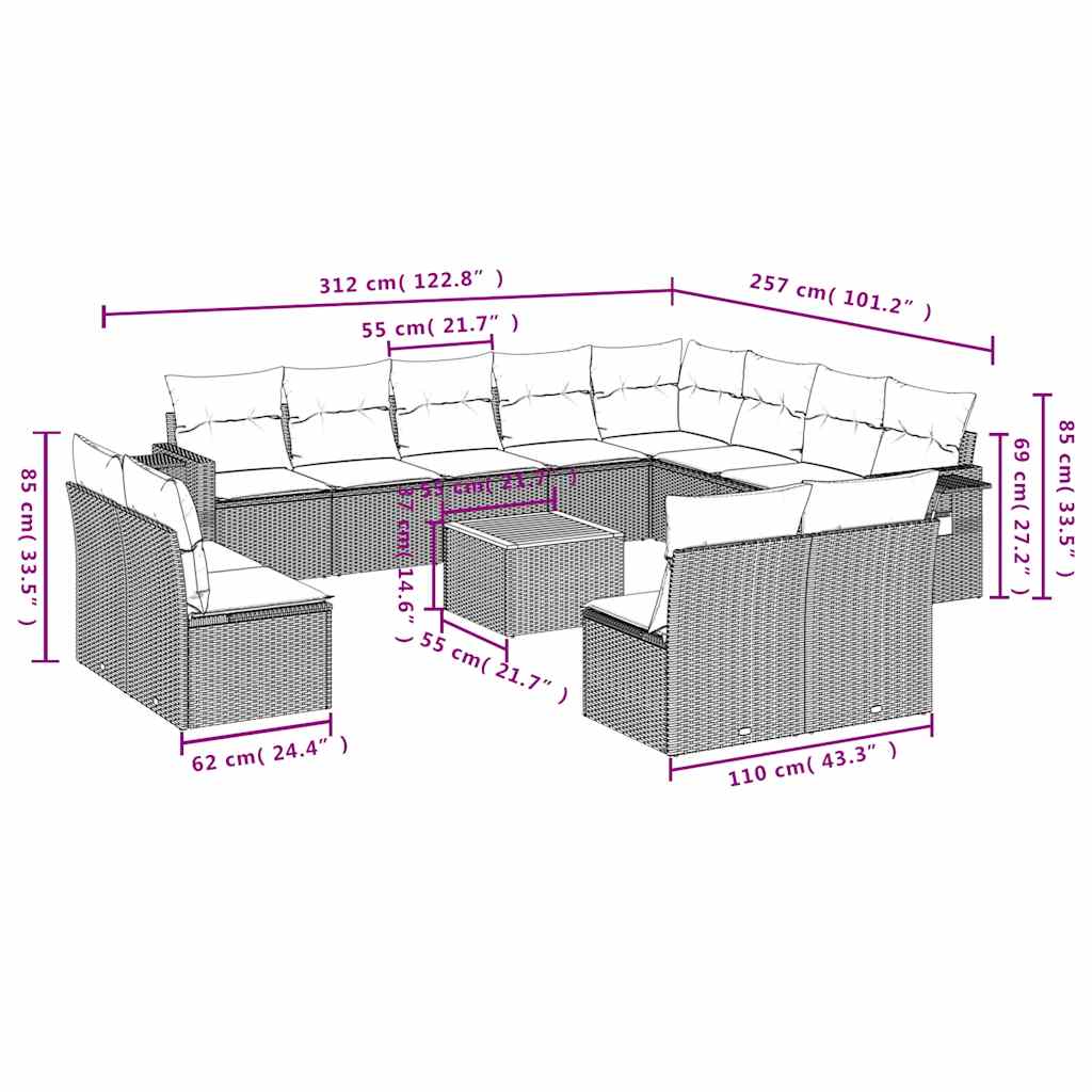 Set Divani da Giardino 13 pz con Cuscini Nero in Polyrattan | homemem39