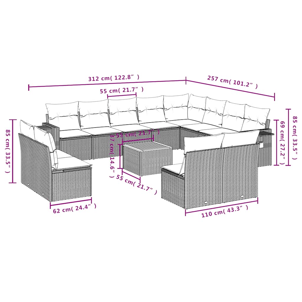 Set Divani da Giardino 13 pz con Cuscini Grigio in Polyrattan | homemem39