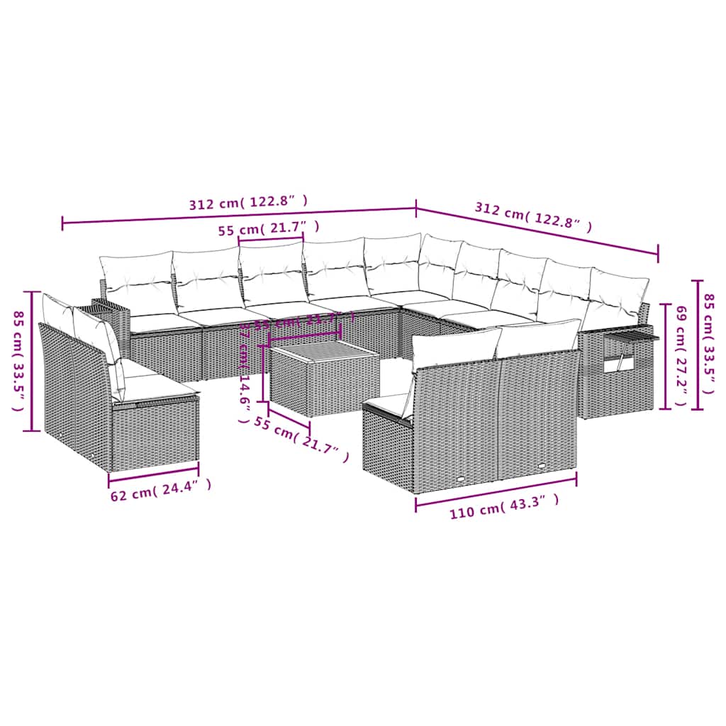 Set Divani da Giardino 14 pz con Cuscini Nero in Polyrattan | homemem39