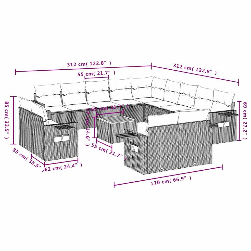 Set Divani da Giardino 14 pz con Cuscini Nero in Polyrattan | homemem39
