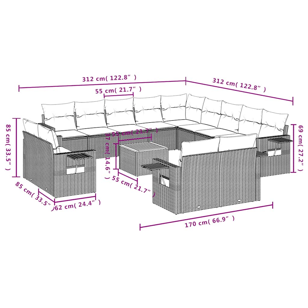 Set Divani da Giardino 14 pz con Cuscini Grigio in Polyrattan | homemem39