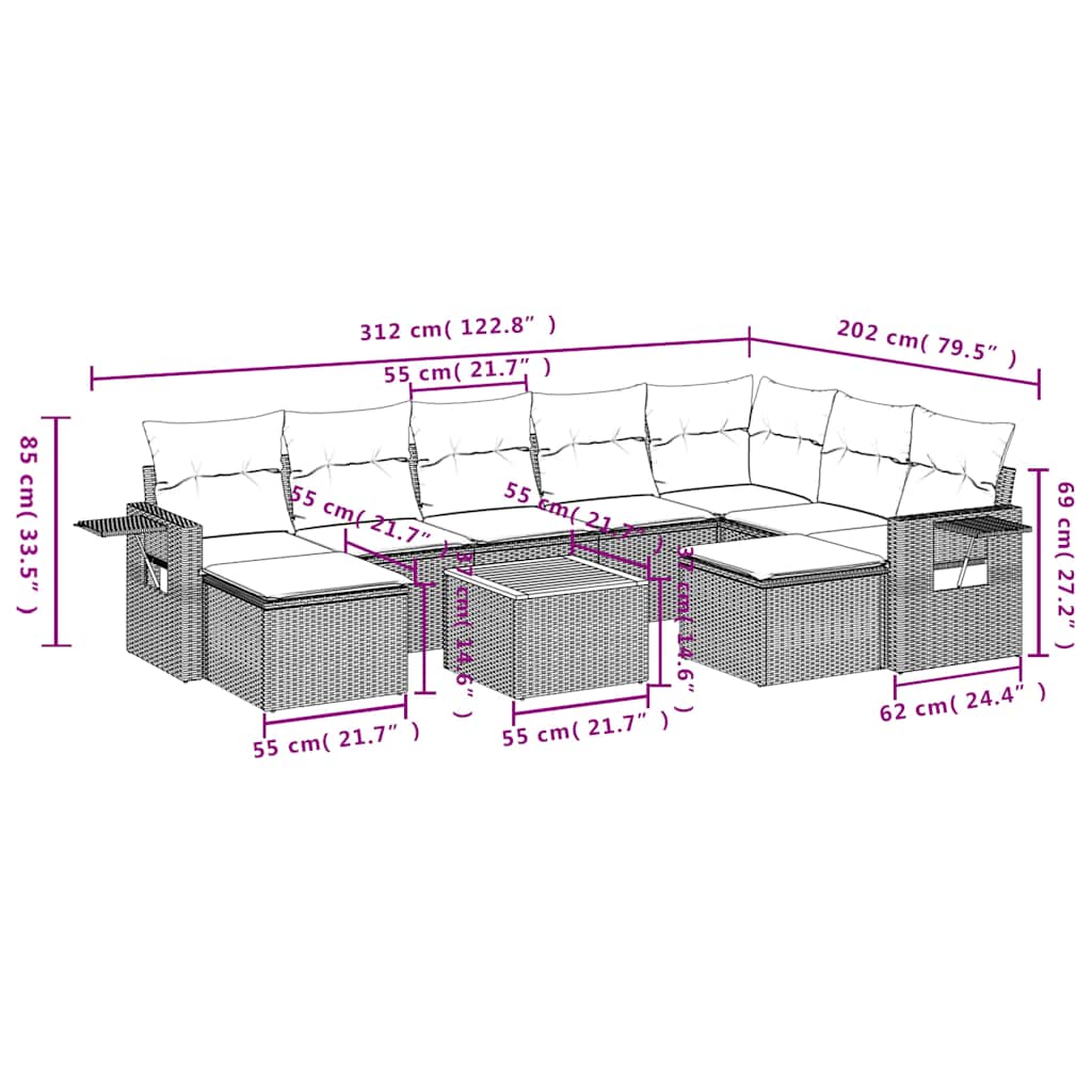 Set Divani da Giardino 10 pz con Cuscini Nero in Polyrattan | homemem39