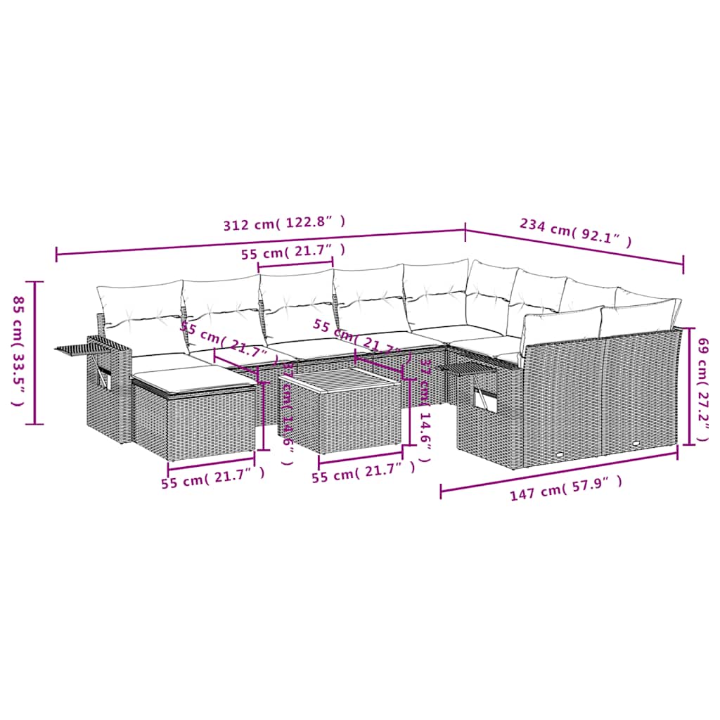 Set Divani da Giardino 11 pz con Cuscini Nero in Polyrattan | homemem39