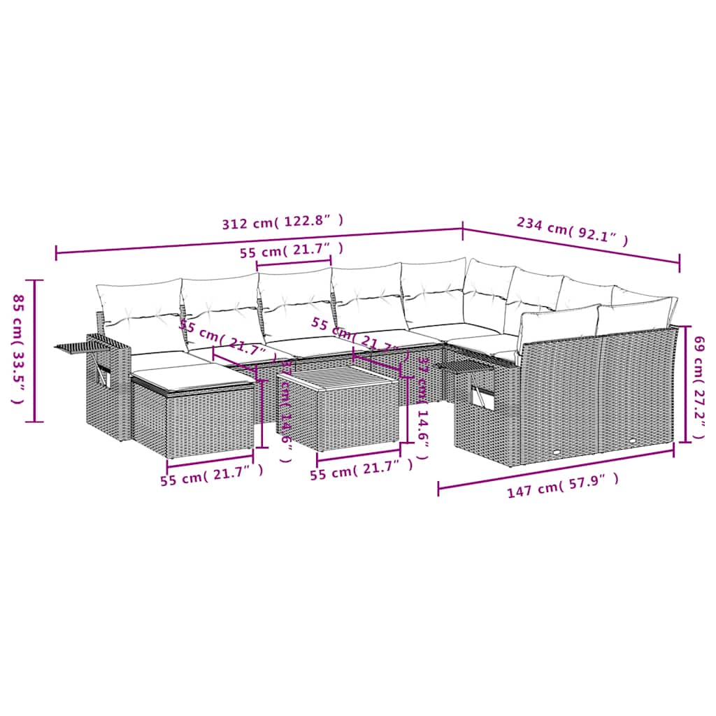 Set Divani da Giardino 11 pz con Cuscini Grigio in Polyrattan | homemem39