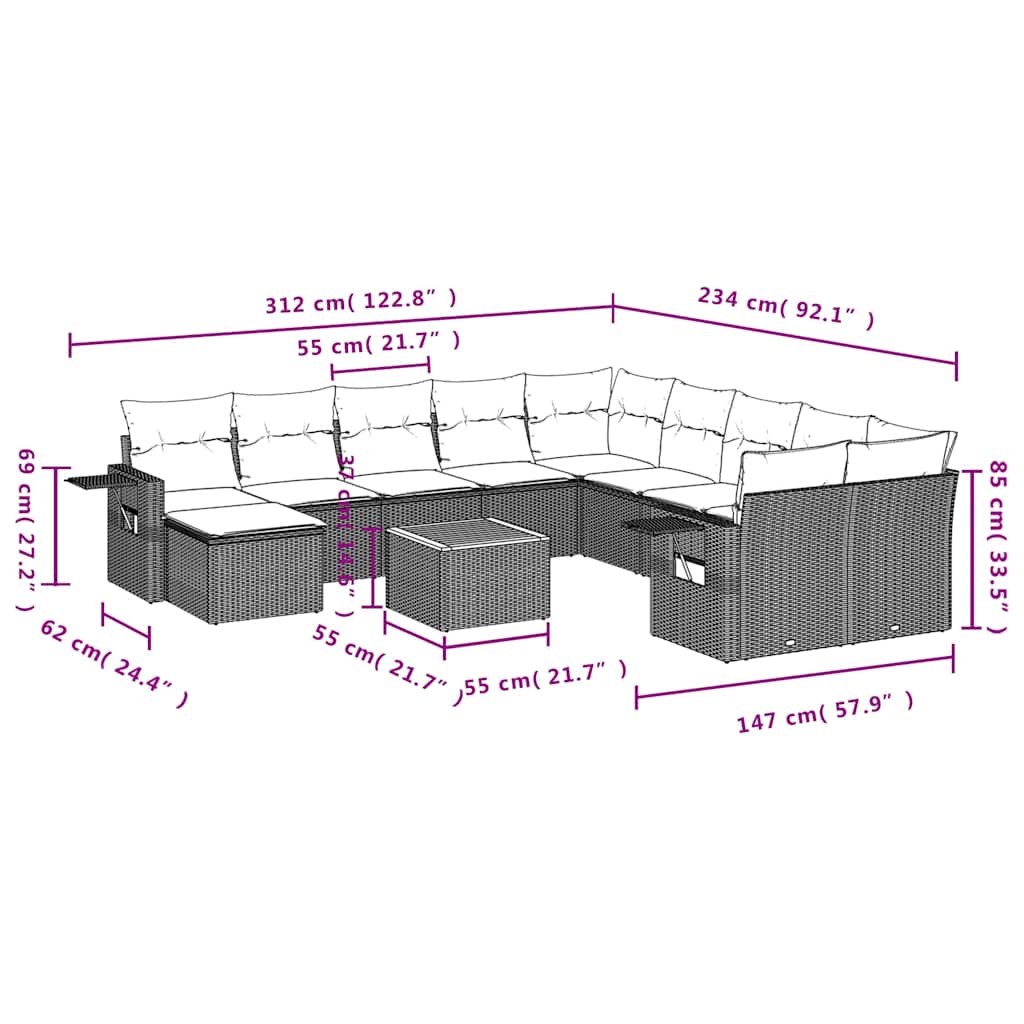 Set Divani da Giardino 12 pz con Cuscini Nero in Polyrattan | homemem39