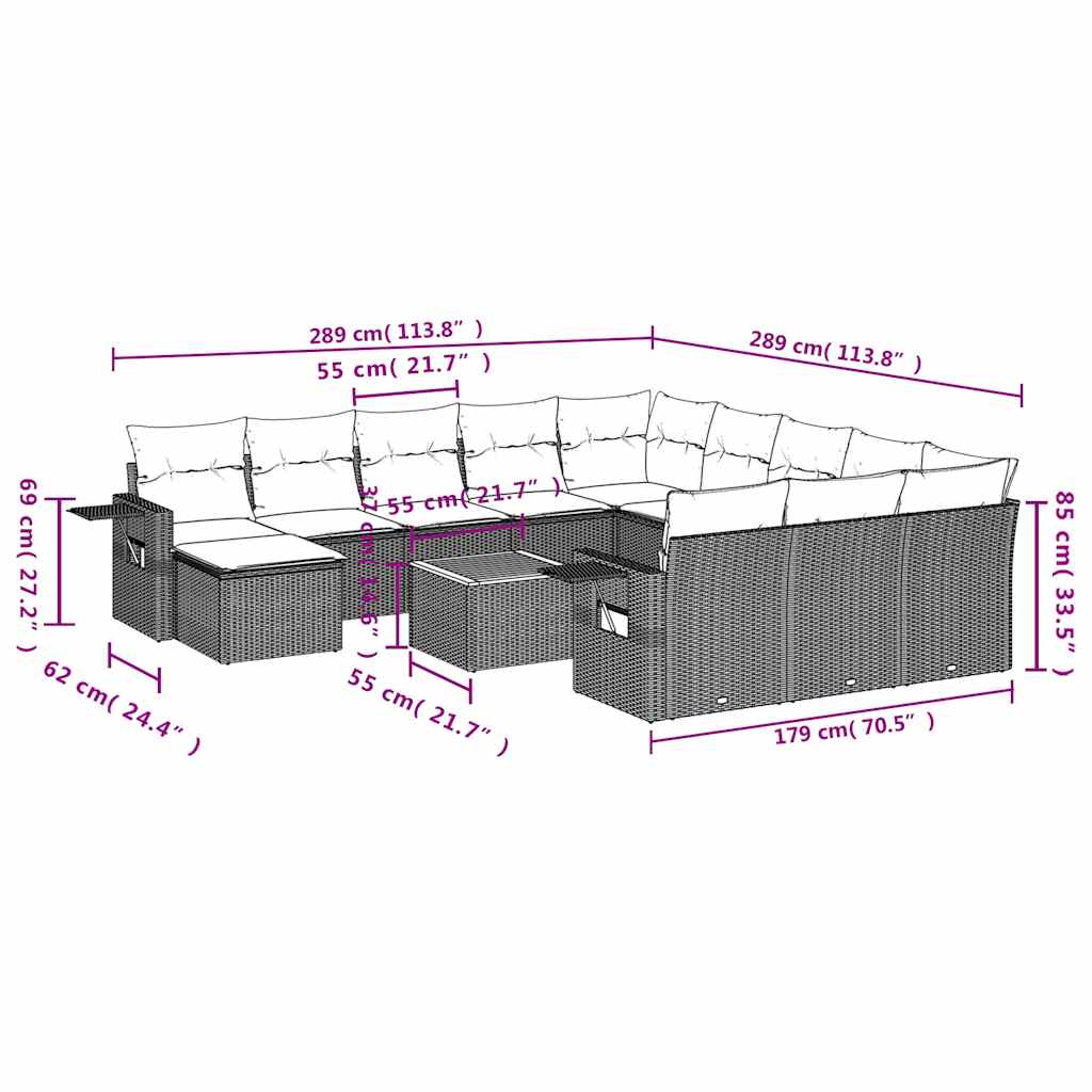 Set Divani da Giardino 13 pz con Cuscini Grigio in Polyrattan | homemem39