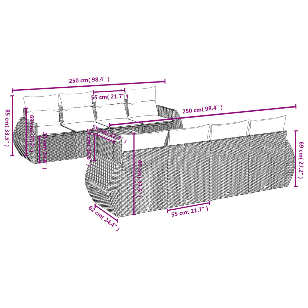Set Divani da Giardino 9 pz con Cuscini Nero in Polyrattan - homemem39