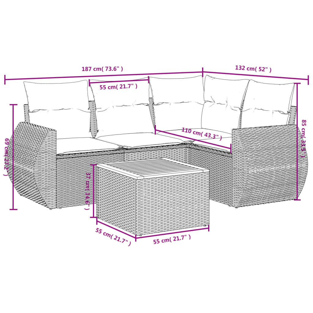 Set Divani da Giardino 5 pz con Cuscini in Polyrattan Nero | homemem39