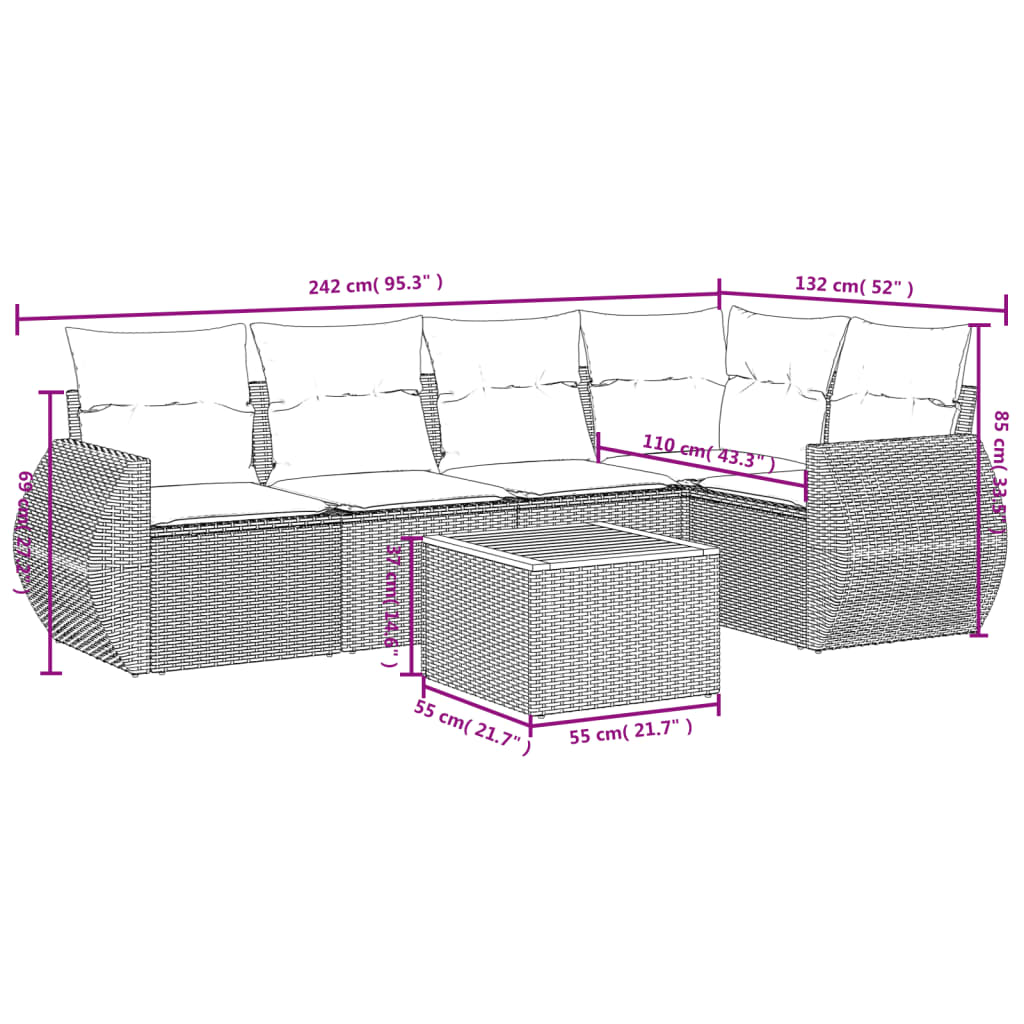 Set Divano da Giardino 6 pz con Cuscini Nero in Polyrattan | homemem39