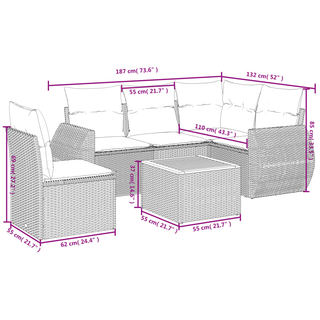 Set Divano da Giardino 6 pz con Cuscini Nero in Polyrattan | homemem39