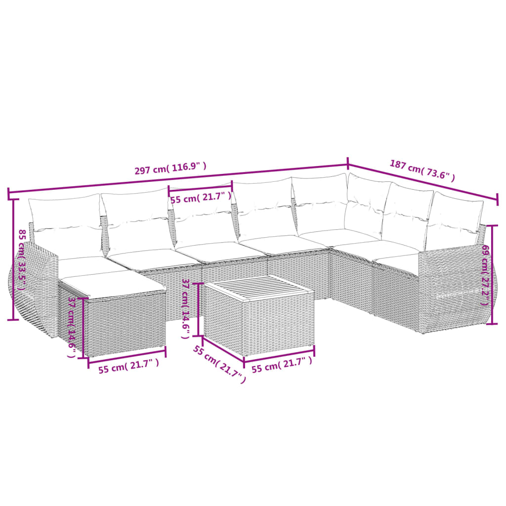 Set Divani da Giardino 9 pz con Cuscini Nero in Polyrattan | homemem39