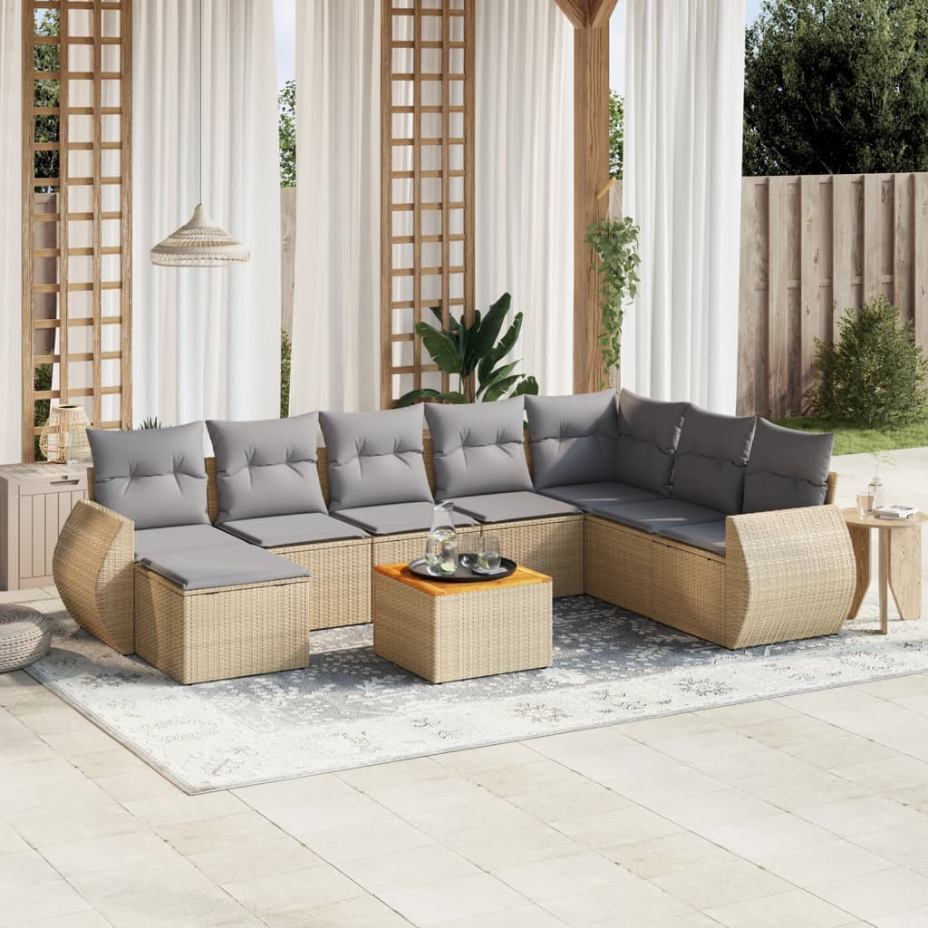 Set Divano da Giardino 9 pz con Cuscini Beige in Polyrattan - homemem39