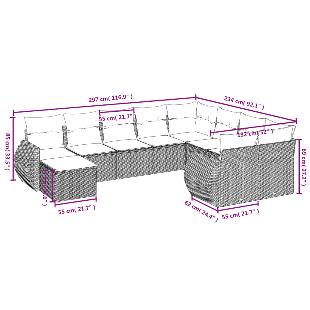 Set Divani da Giardino 10pz con Cuscini in Polyrattan Nero | homemem39