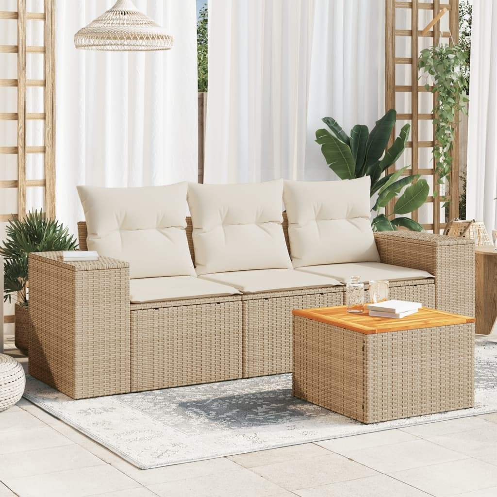 Set Divano da Giardino 4 pz con Cuscini Beige in Polyrattan - homemem39