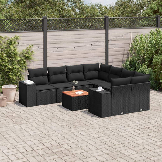 Set Divani da Giardino 9 pz con Cuscini Nero in Polyrattan - homemem39