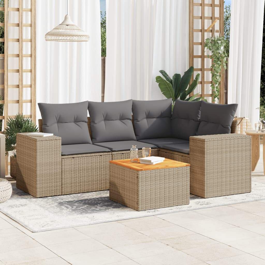 Set Divano da Giardino 5 pz con Cuscini Beige in Polyrattan - homemem39