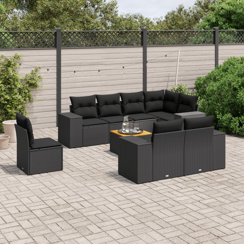 Set Divani da Giardino 9 pz con Cuscini Nero in Polyrattan - homemem39