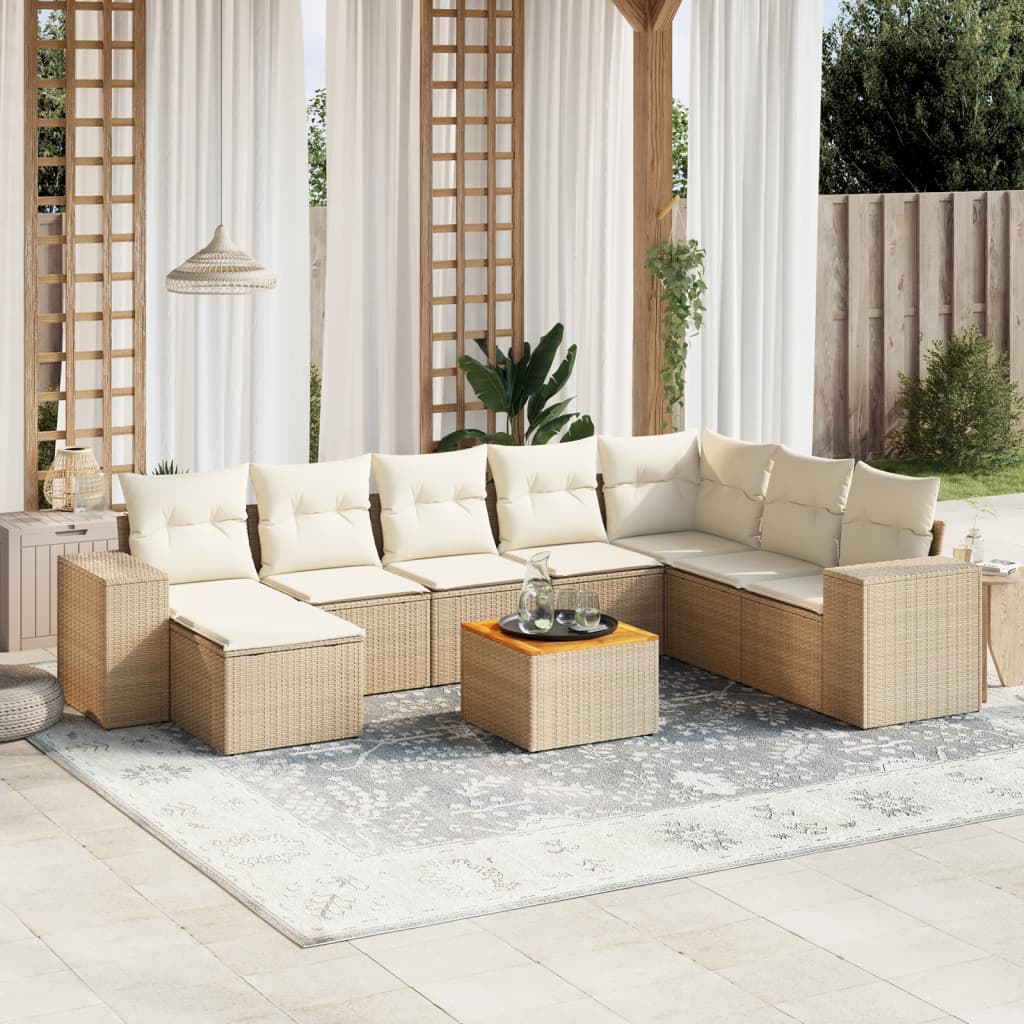 Set Divano da Giardino 9 pz con Cuscini Beige in Polyrattan - homemem39