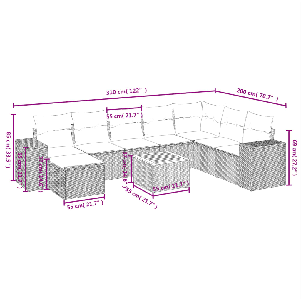 Set Divano da Giardino 9 pz con Cuscini Grigio in Polyrattan - homemem39