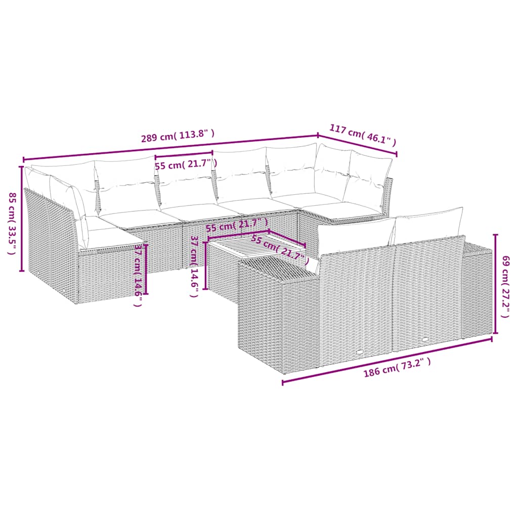 Set Divani da Giardino 10pz con Cuscini in Polyrattan Nero | homemem39